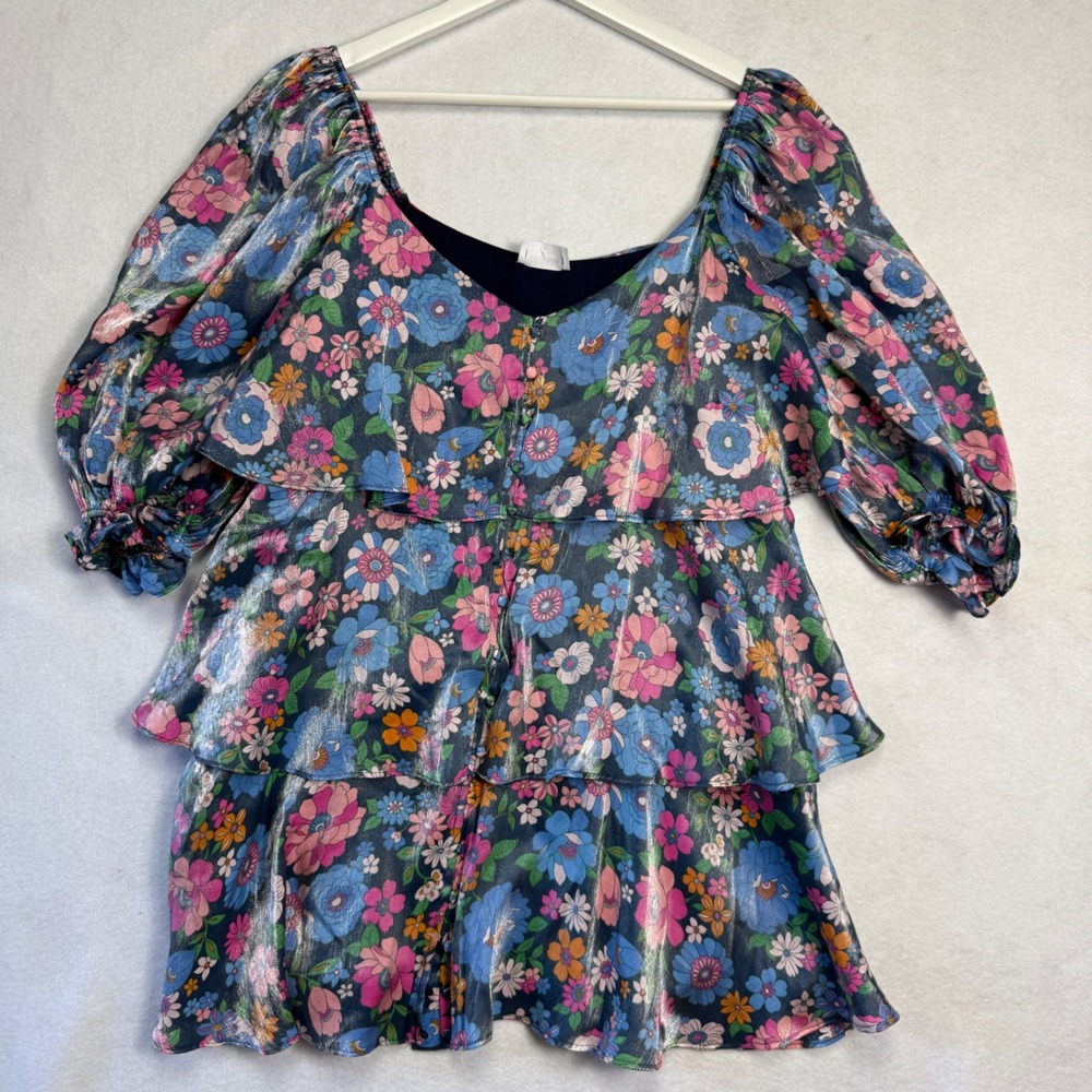 STORIA Womens Floral Tiered Puff‎ Sleeve Mini Dress Metallic Blue Size L Cottage